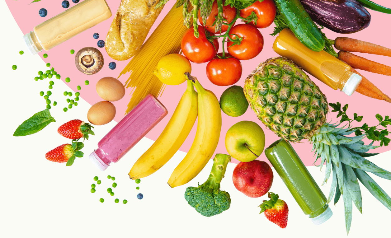 colorful, healthy foods spilling out in an artistic fashion